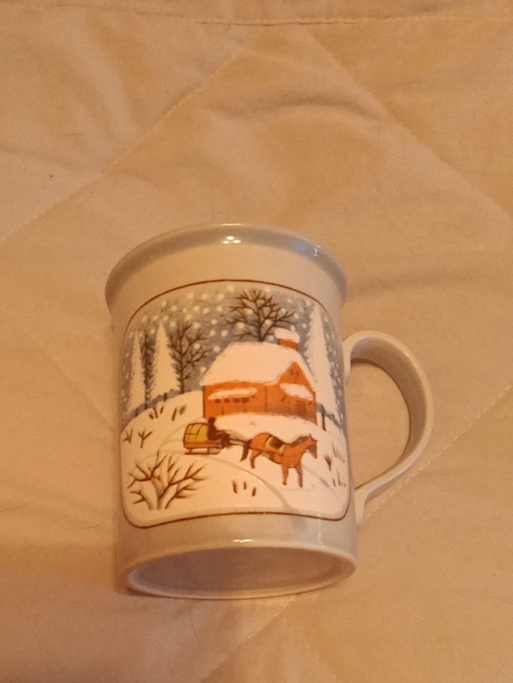 Winter Scene Ceramic Coffee Mug in Cream and Brown